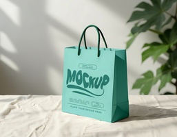 A light teal shopping bag sits on a beige surface displaying a mockup design psd
