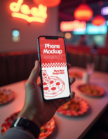 A hand holds a phone displaying a pizza design mockup in a dimly lit diner psd