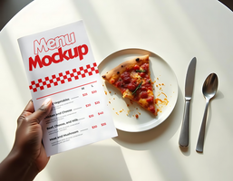 A hand holds a restaurant menu mockup next to a plate with a slice of pizza psd