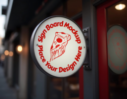 A sign board mockup displaying a slice of pizza with the text Place your design here psd