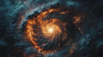 Nighttime typhoon from space, illuminated clouds against the dark planet. View from space photo