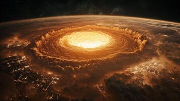 Astronaut's breathtaking view of a colossal typhoon over Earth, dramatic contrast. View from space photo