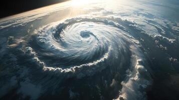 Gigantic tornado forming over the ocean, satellite view of swirling clouds. View from space photo