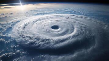 Sunlit typhoon swirling over the ocean, scientifically accurate weather depiction. View from space photo