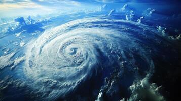 Sunlit hurricane system over the ocean, realistic satellite perspective. View from space photo