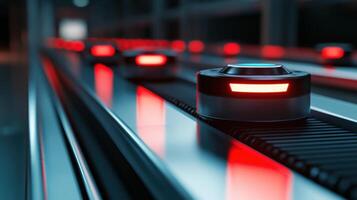 Futuristic conveyor belt system with illuminated red lights for modern industrial automation. Conveyor Belt on a Modern Factory photo