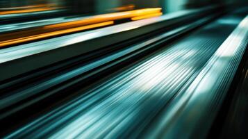 Dynamic motion blur of urban escalator with vibrant light streaks for modern design background. Conveyor Belt on a Modern Factory photo