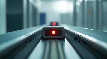 Automated conveyor system with red laser sensor in modern industrial facility. Conveyor Belt on a Modern Factory photo