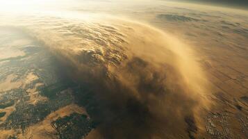 Powerful sandstorm covering agricultural lands, dramatic satellite perspective. View from space photo