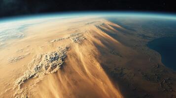 Dramatic satellite view of a spreading sandstorm, Earth's curvature visible. View from space photo