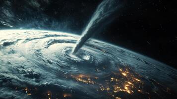 Tornado casting a vast shadow over land, seen from orbit, cosmic backdrop. View from space photo