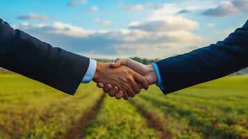 Professional land acquisition deal, business handshake on open property. Searching vacant land for development photo