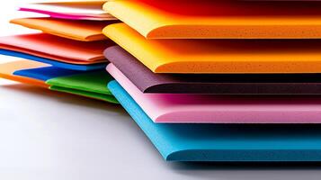 Vibrant stack of colorful foam sheets arranged neatly, showcasing a variety of hues and textures photo