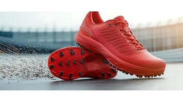 Vibrant red athletic shoes on a track with sparks flying, showcasing dynamic movement photo
