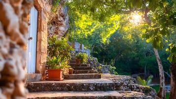 Serene stone pathway leading to a rustic entrance surrounded by lush greenery at sunrise photo