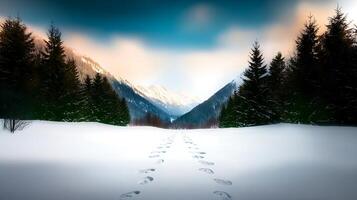 Serene winter landscape with snowy path leading through forested mountains at dusk photo
