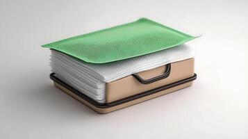 Stack of white napkins in a brown tray with a green cover, set against a minimalistic background photo