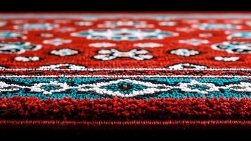 Close-up of a vibrant red patterned rug showcasing intricate designs and textures photo