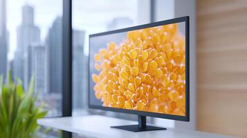 Vibrant close-up of yellow flower petals displayed on a modern monitor in a city office setting photo