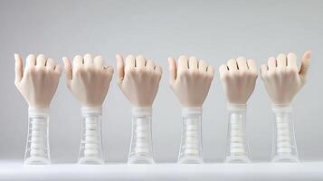 Set of six realistic model hands displaying thumbs-up gesture against a neutral background photo