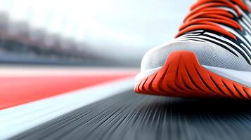 Close-up of a running shoe on a track, showcasing motion with blurred background elements photo