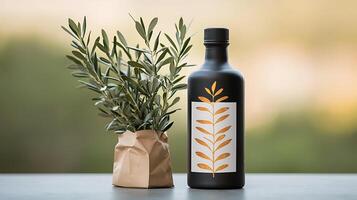 Black bottle with golden leaf design beside potted olive plant on a table against blurred nature backdrop photo