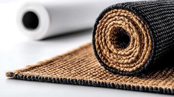 Close-up of a rolled jute rug next to a white background showcasing texture and design photo