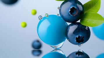 Vibrant blue spheres and fresh blueberries splashing with droplets against a soft gradient background photo