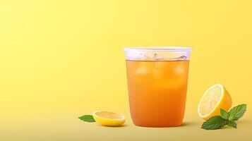 Refreshing iced tea in a transparent cup with lemon and mint on a vibrant yellow background photo