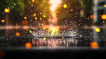 Close-up of raindrops splashing on a surface, with blurred lights in the background creating a dreamy atmosphere photo