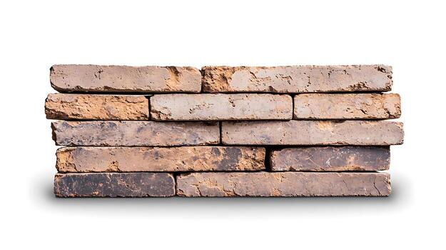 Stacked rustic bricks showcasing texture and color variations against a white background photo