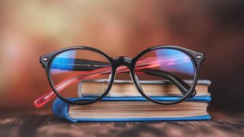 Stylish glasses resting on a stack of colorful books with a blurred warm background photo
