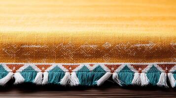 Vibrant yellow textile with intricate patterned fringe displayed on a wooden surface photo