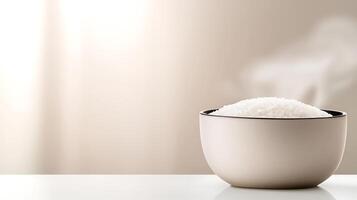 Steaming bowl of rice on a minimalist table with soft background lighting showcasing warmth photo