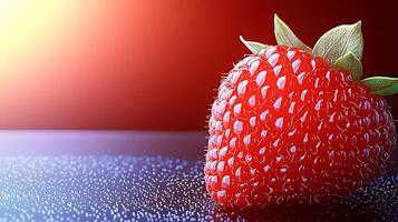 Close-up of a vibrant strawberry resting on a reflective surface with a soft gradient background photo