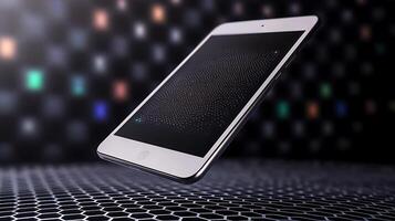 Modern tablet levitating against a vibrant, abstract background of colorful hexagonal patterns photo