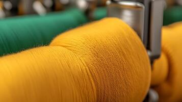 Close-up of vibrant yellow thread on a sewing machine, showcasing textile production in action photo