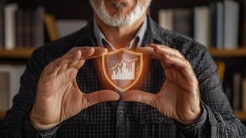 A middle-aged man holding a glowing shield symbolizing data protection in a cozy library photo