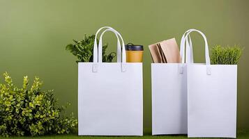 Three white shopping bags filled with plants and coffee cups on a green background photo