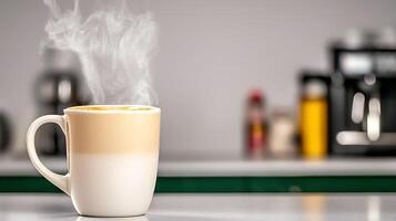 Steaming coffee cup on a kitchen counter with blurred appliances in the background photo