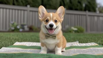 Playful corgi puppy wearing a bow tie, sitting on a blanket in a garden setting photo