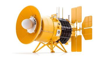 Yellow satellite communication device with dish and antennas, showcasing advanced technology in a studio setting photo