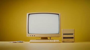 Vintage computer setup on a yellow background, showcasing retro technology and nostalgia photo