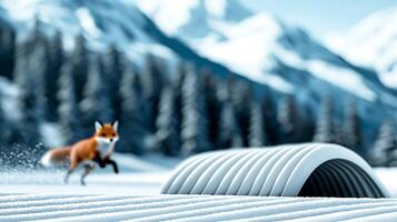 A playful fox leaps through a snowy landscape near a modern shelter, surrounded by mountains photo