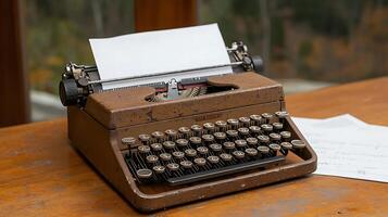 Vintage typewriter on a wooden table with blank paper, surrounded by autumn scenery outside photo