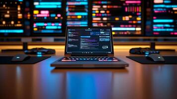 Modern workspace with a laptop displaying code, illuminated by colorful screens in the background photo