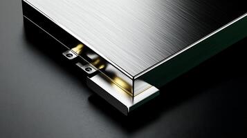 Close-up of a sleek, modern metallic edge with intricate detailing against a dark background photo
