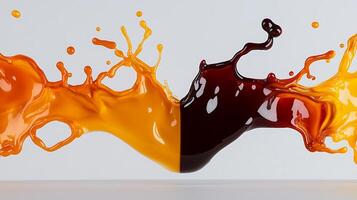 Vibrant splashes of orange and dark liquid merging in dynamic motion against a clean backdrop photo