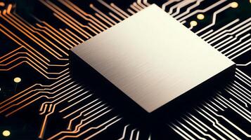 Close-up of a metallic microchip on a printed circuit board with vibrant circuitry background photo