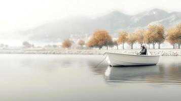 Serene fishing scene on a calm lake with autumn trees and misty mountains in the background photo